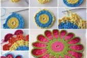 Renkli iplerden yapılmış örgü çiçek motifi