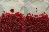 Kırmızı beyaz örgü bebek elbise