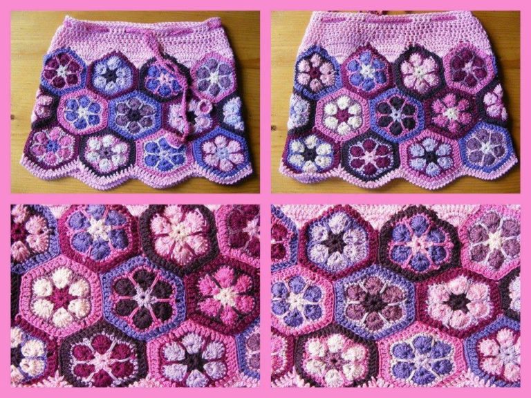 Tığ motifleri ile yapılmış olan örgü çocuk eteği