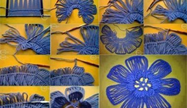 Mavi ipten örülmüş örgü çiçek motifi