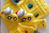 Sarı arabalı örgü bebek takımı